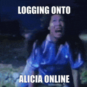 a cartoon of a woman screaming with the words logging onto alicia online below her