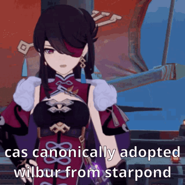a cartoon of a girl with the words cas canonically adopted wilbur from starpond below her