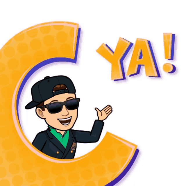 a cartoon of a man wearing sunglasses and a hat is standing in front of a letter c that says ya