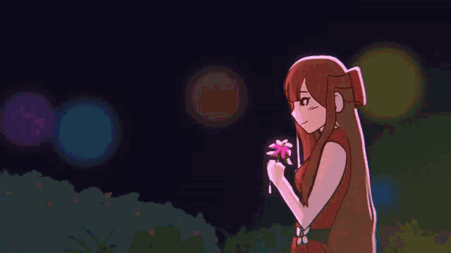 a girl in a red dress is holding a pink flower in her hand