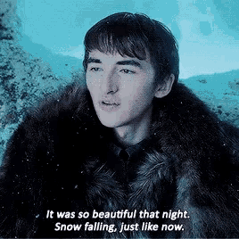 a man in a fur coat says it was so beautiful that night . snow falling just like now .