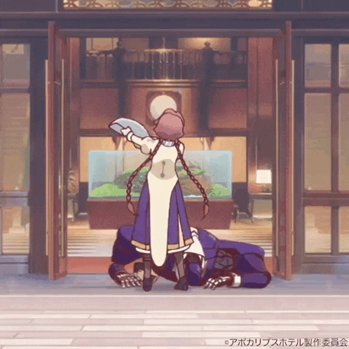 a cartoon of a woman standing next to a man kneeling down