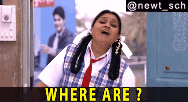 a woman in a school uniform is asking where are they