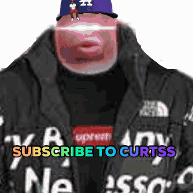 a man wearing a la dodgers hat and a jacket that says ' subscribe to curtss ' on it
