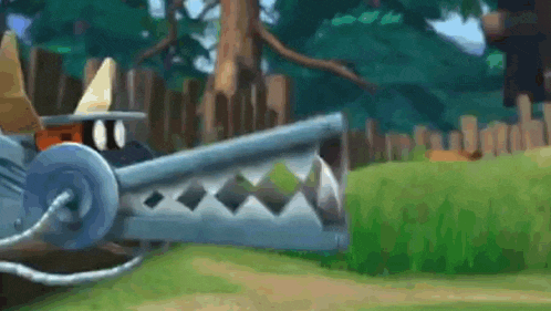a cartoon character is holding a large metal object in his hands .