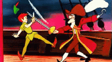 a cartoon of peter pan and hook fighting with swords