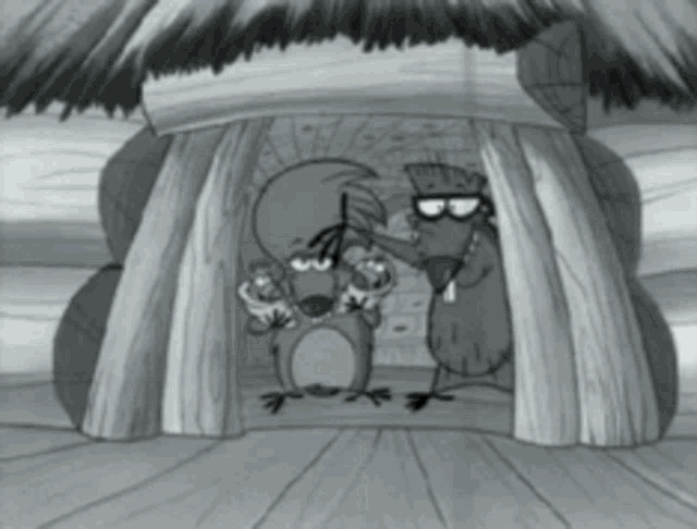 a black and white cartoon of two animals standing under a hut