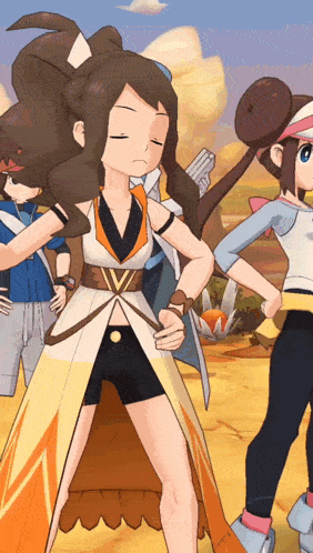 a group of cartoon characters including a girl with the letter v on her shirt