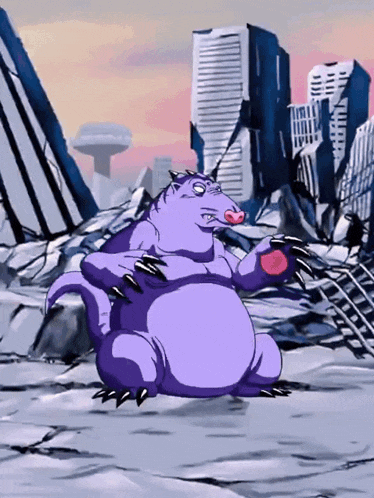 a purple monster is standing in the middle of a city