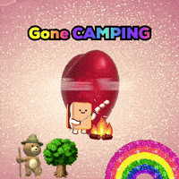 a poster that says gone camping with a red egg