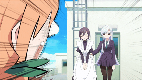 a girl in a maid outfit stands next to another girl