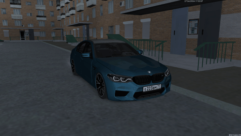 a blue bmw with a license plate that says r223wm 77