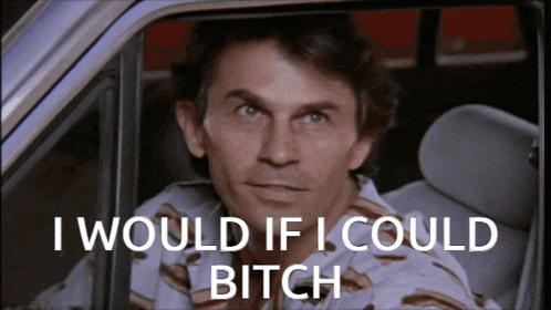 a man in a car with the words i would if i could bitch behind him