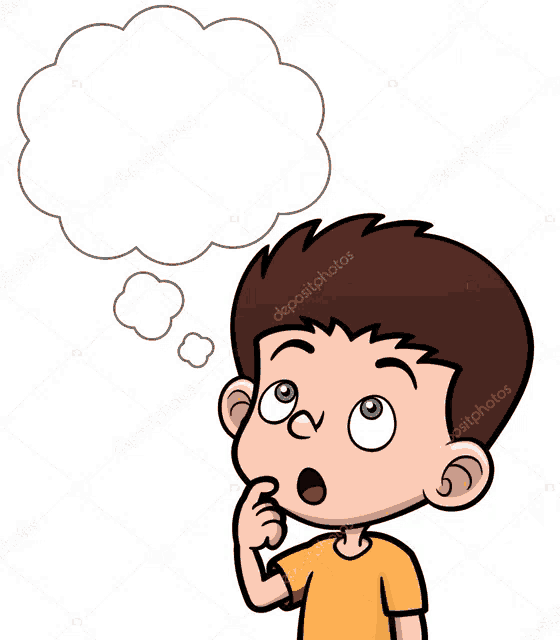 a boy is thinking with a thought bubble above his head .