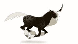 a black and white unicorn with horns is running