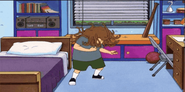 a cartoon of a boy dancing in a bedroom with a radio that says tbs