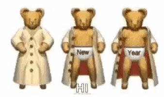 three teddy bears are standing next to each other wearing a coat and diapers .