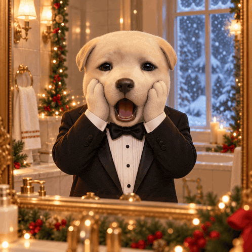 a dog in a tuxedo is looking at itself in a mirror