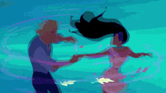 a pixel art of a man and a woman dancing in the water