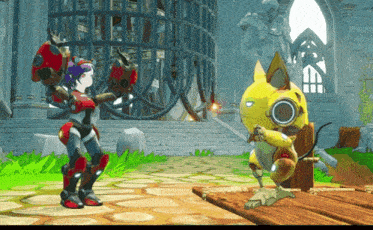a video game scene with a girl and a yellow monster