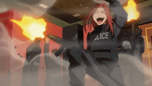a woman in a police uniform holds a gun