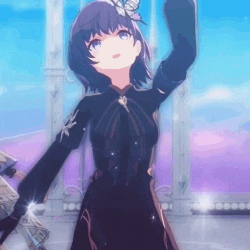 a girl in a black dress with a butterfly on her hair