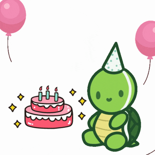 a turtle wearing a party hat sits next to a birthday cake