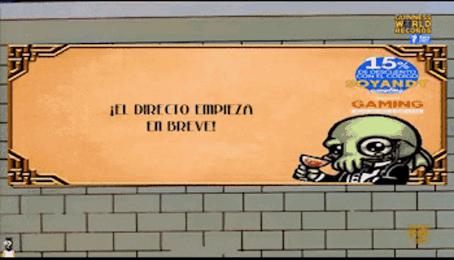 a cartoon character is giving a thumbs up in front of a banner that says el directo empieza en breve