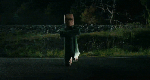 a car is driving down a road at night and a bird is flying in the air .
