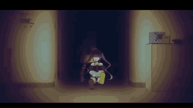 a cartoon drawing of a girl running in a dark hallway with a box on the floor that says ' nintendo '