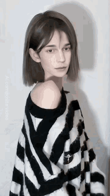 a woman is wearing a black and white striped sweater with the word composite video on the bottom