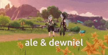 a couple of anime characters standing in a field with the words ale & dewniel written on the bottom