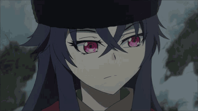 a girl with purple hair and pink eyes is wearing a hat