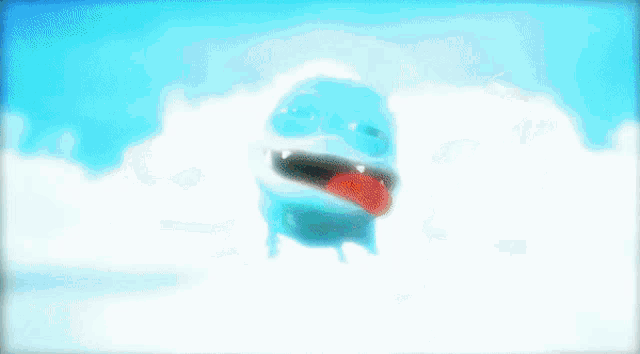 a cartoon character in a bubble with a blue sky behind it