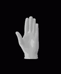 a white glove on a black background shows a hand making a stop sign .