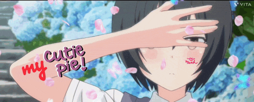 a girl covering her face with her hand with the words " cutie my pie " written on it