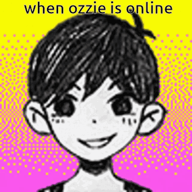 a black and white drawing of a boy with the words when ozzie is online above him