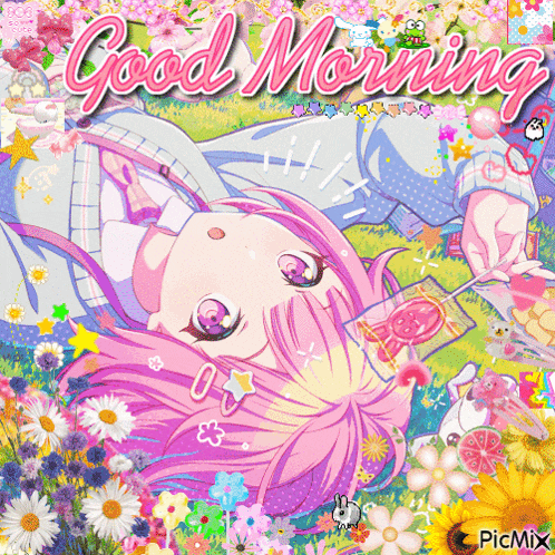 a girl with pink hair is laying in a field of flowers with the words good morning