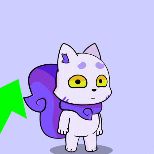 a cartoon cat is standing in front of a green arrow pointing upwards