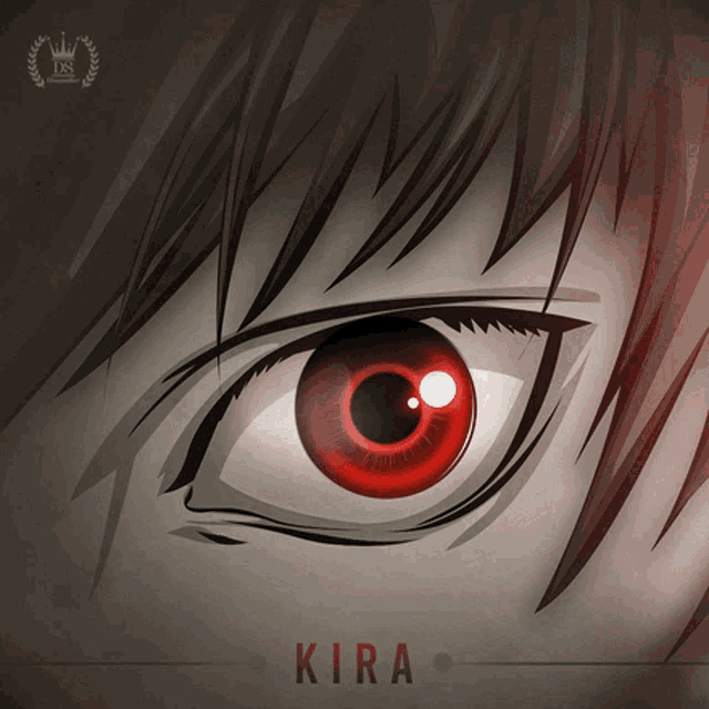 a close up of a person 's eye with the name kira written below it