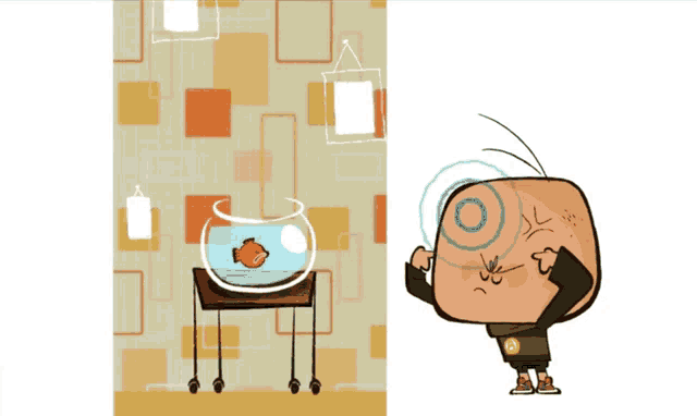 a cartoon drawing of a boy looking at a fish in a bowl
