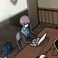a cartoon of a girl sitting at a table with a laptop .
