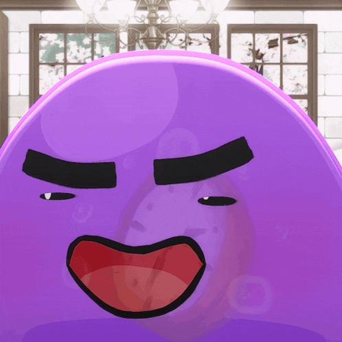 a purple cartoon character with a red tongue and black eyebrows