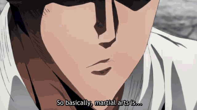 a close up of a person 's face with the words so basically martial arts is