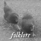 a black and white photo of two chickens and the word folklore