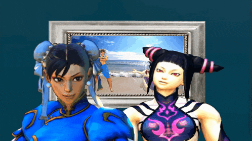 two video game characters standing in front of a picture