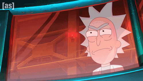 a cartoon of rick from rick and morty looks out a window