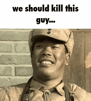 a man in a military uniform is smiling with the words " we should kill this guy " above him