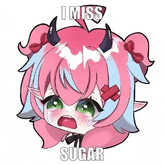 a cartoon girl with horns is crying and says `` i miss sugar '' .