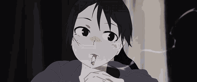 a girl with a cigarette in her mouth is looking at the camera